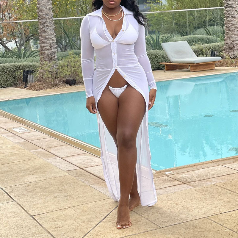 Solid Long Sleeve Sheer Mesh Beach Cover Up Dress