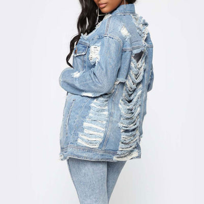Solid Long Sleeve Button Detailed Cut Out Denim Coat