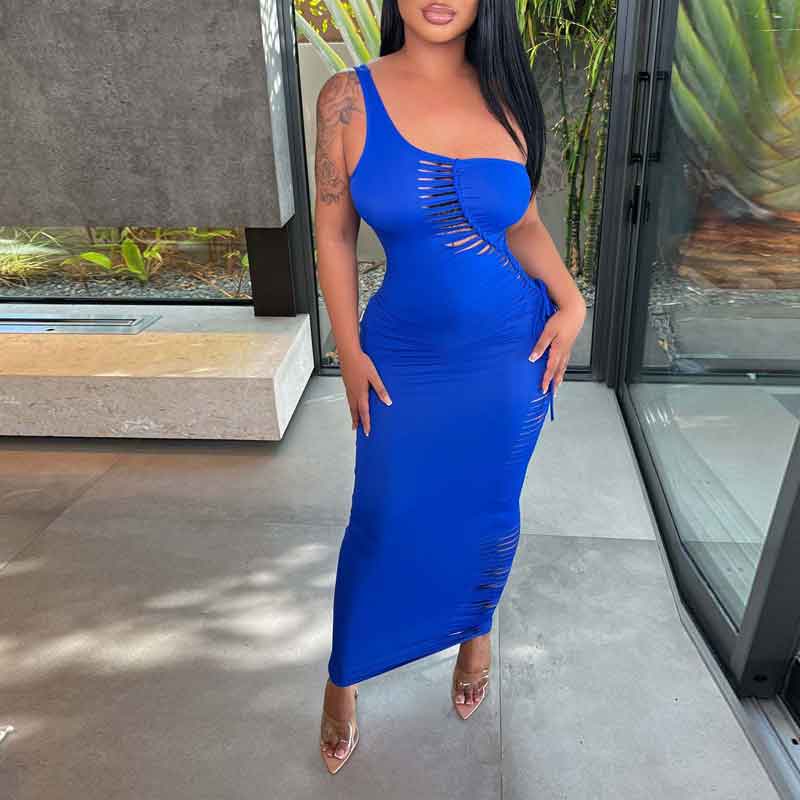 Solid One Shoulder Sleeveless Cut Out Maxi Dress