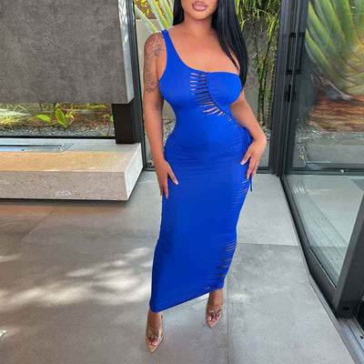 Solid One Shoulder Sleeveless Cut Out Maxi Dress