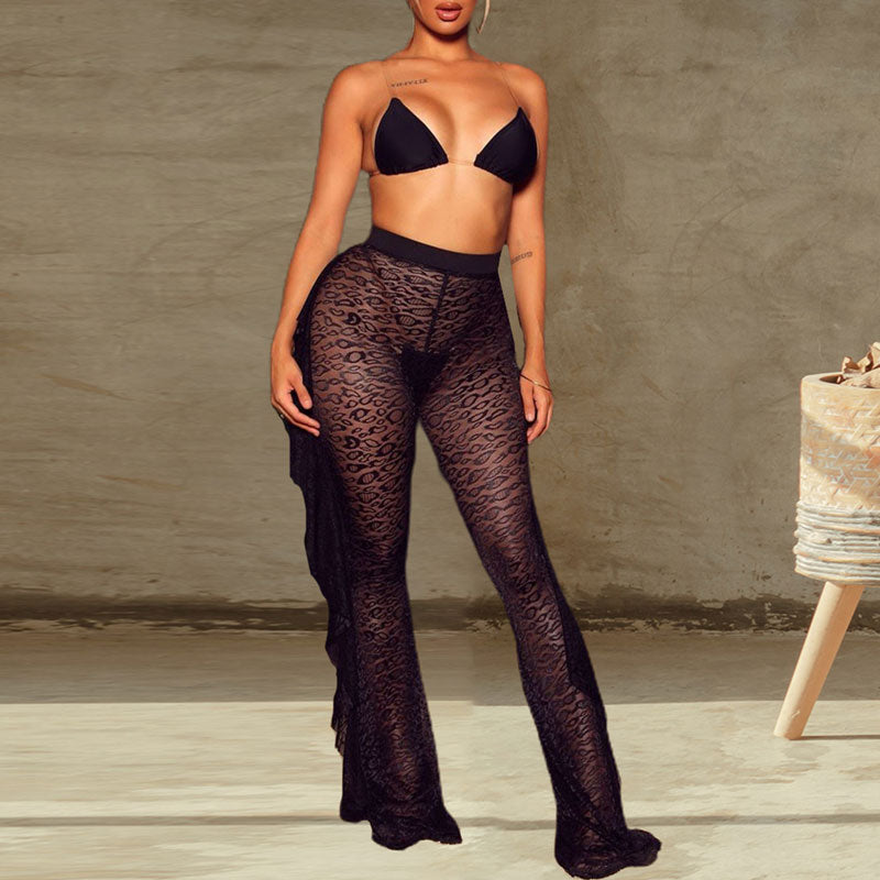 Solid Bra & Sheer Mesh Ruffles Pants Set