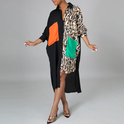 Leopard Print Long Sleeve Pocket Design Irregular Shirt Dress