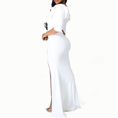 Solid Ruffle Design Short Sleeve High Slit Maxi Dress