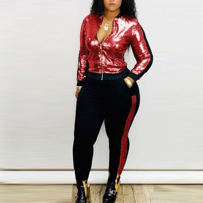 Colorblock Sequins Zipper Design Jacket & Pants Set