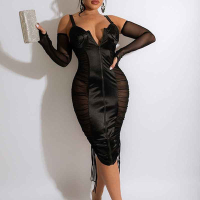 Solid Sleeveless Sheer Mesh Drawstring Midi Dress