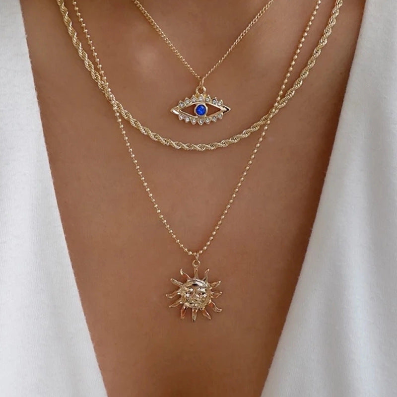 Rhinestone Eyes Sun Pattern Layered Necklace