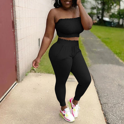 Solid Off Shoulder Tube Top & Pants Set