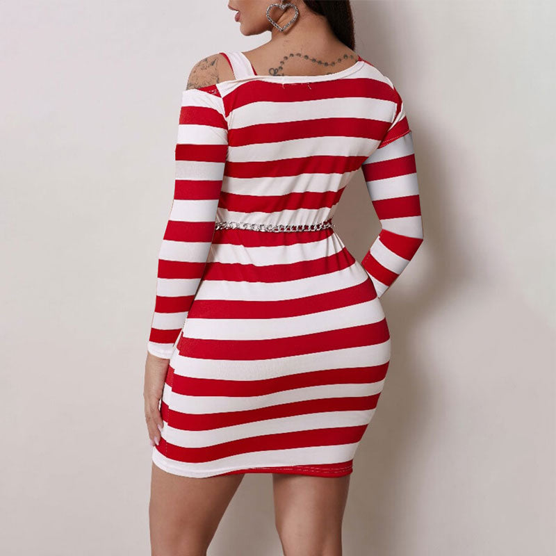 Striped Pattern Long Sleeve Cold Shoulder Plus Size Bodycon Dress