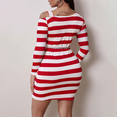 Striped Pattern Long Sleeve Cold Shoulder Plus Size Bodycon Dress