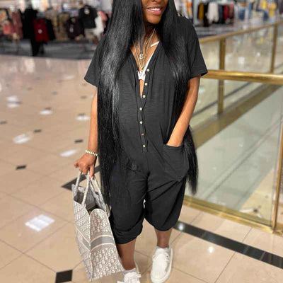 Solid Short Sleeve Button Detailed Loose Jumpsuit