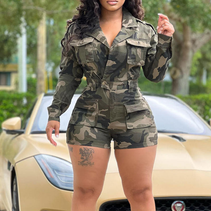 Camouflage Pattern Turndown Neck Long Sleeve Romper