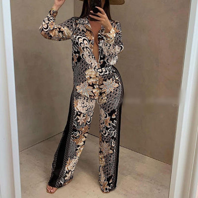 Floral Print Long Sleeve Blouse & Pants Set