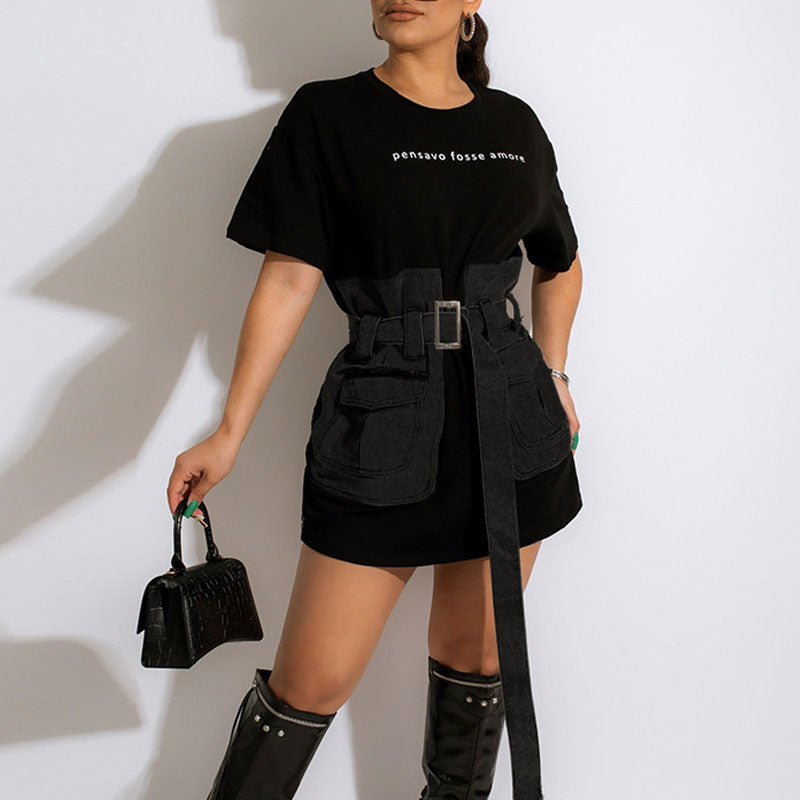 Letter Print Short Sleeve Denim Patchwork Loose Shirt Dress