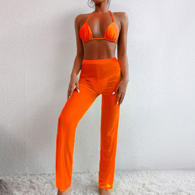 Solid Halter Sheer Mesh 3PCS Swimsuit Set
