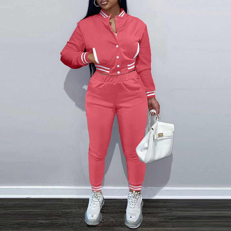 Print Long Sleeve Baseball Coat & Pants Set