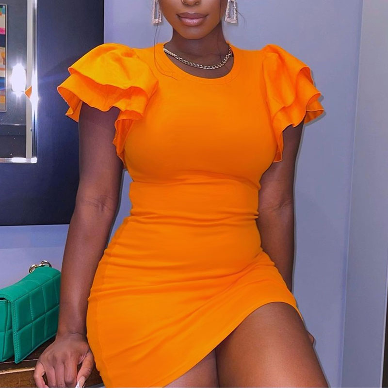 Solid Ruffles Short Sleeve Mini Dress