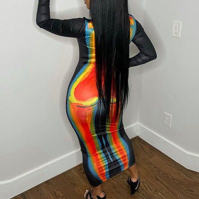 Colorblcok Print Long Sleeve Maxi Dress