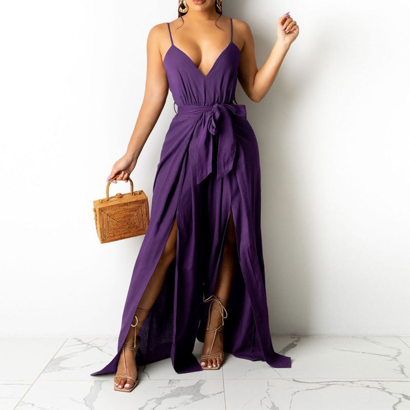 Solid V-Neck High Slit Wide Leg Jumpsuit