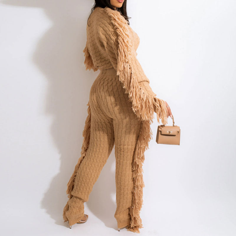 Solid Tassel Design Knitted Top & Pants Set