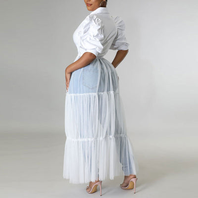 Solid Lantern Sleeve Sheer Mesh Patchwork Shirt Dress