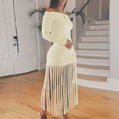 Solid Off Shoulder Long Sleeve Tassel Design Dress
