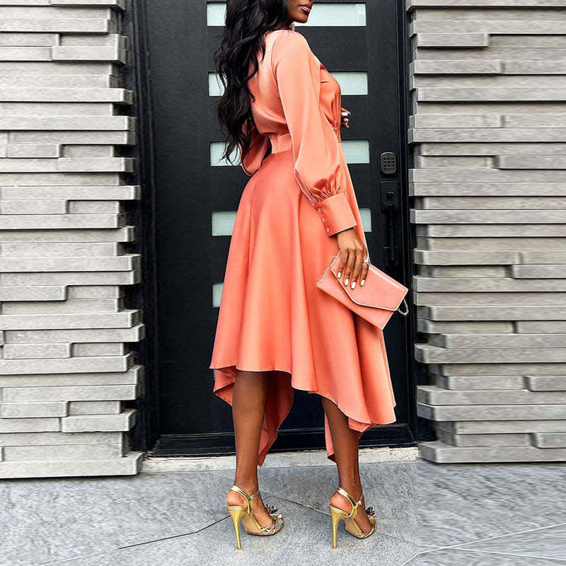 Solid High Neck Long Sleeve Irregular Dress