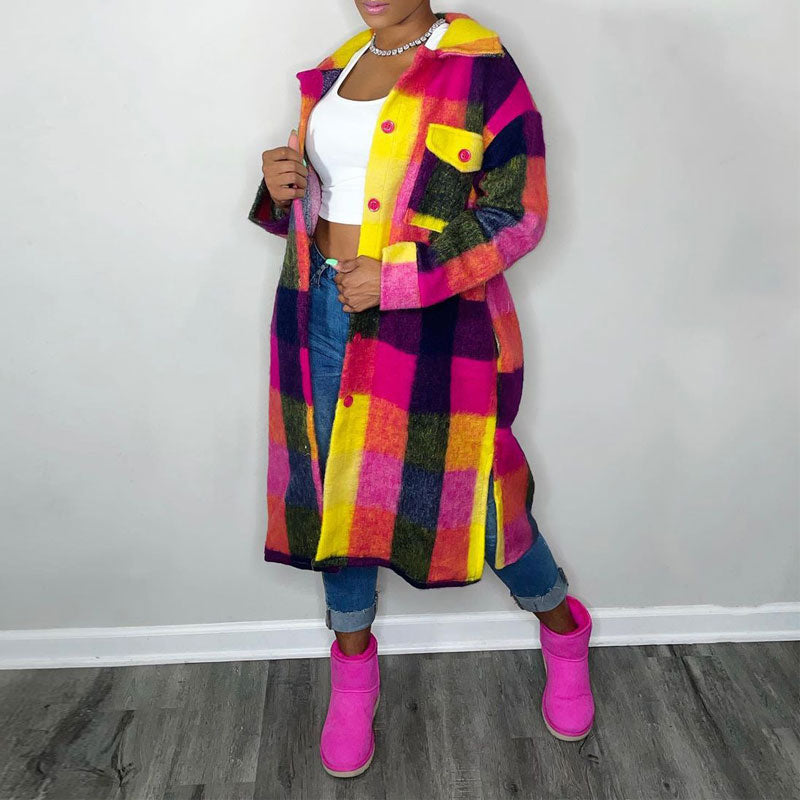 Plaid Pattern Long Sleeve Button Detailed Long Coat