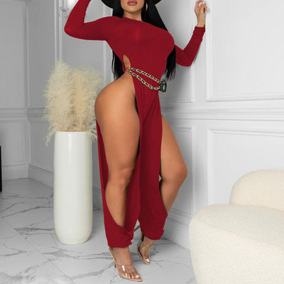 Solid Long Sleeve High Slit Jumpsuit
