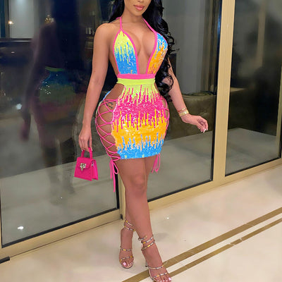 Sequins Colorful Lace-Up Backless Dress