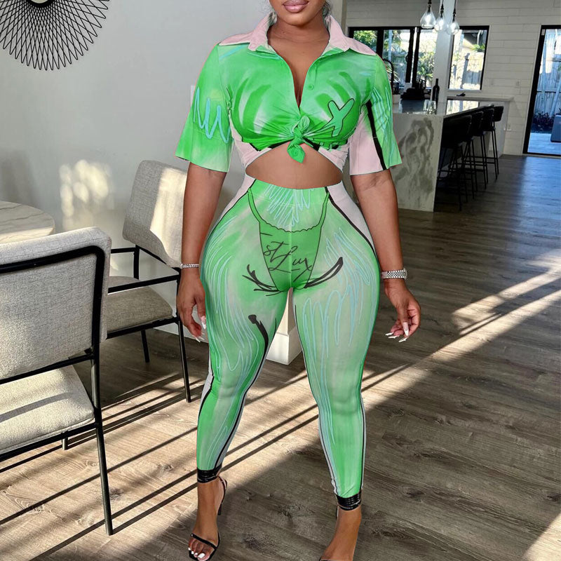 Print Short Sleeve Crop Top & Pants Set