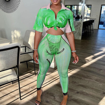 Print Short Sleeve Crop Top & Pants Set