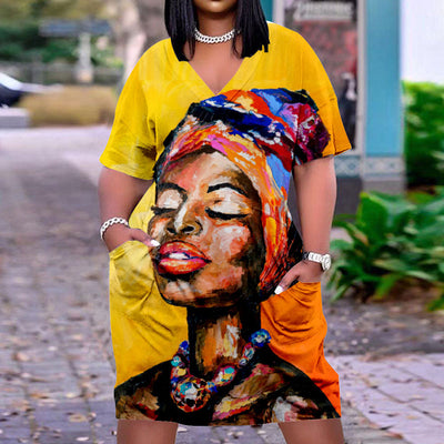 Figure Print V-Neck Short Sleeve Loose Dress