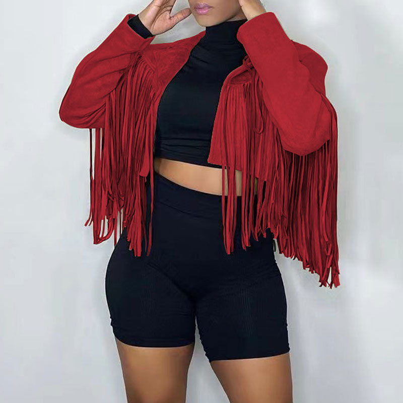 Solid Long Sleeve Tassel Design Coat