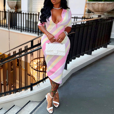 Striped Deep V-Neck Short Sleeve Midi Dress