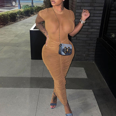 Solid Sheer Mesh Short Sleeve Dress Set