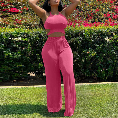 Solid Sleeveless Cut Out Crop Top & Loose Pants Set