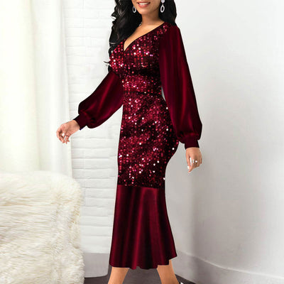 Sequins V-Neck Long Sleeve Fishtail Party Dress