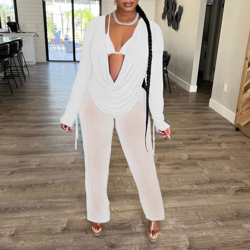 Solid Cowl Neck Mesh 3PCS Pants Set