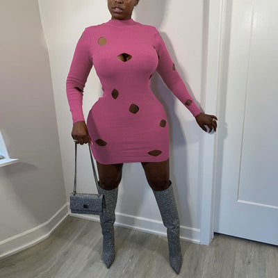 Solid Long Sleeve Hollow Out Bodycon Dress