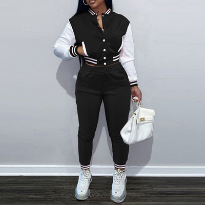 Colorblock Long Sleeve Button Detailed Baseball Coat & Pants Set