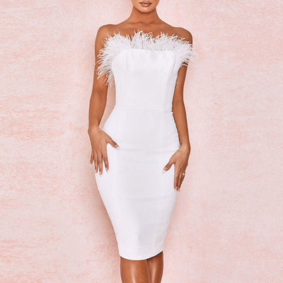 Solid Off Shoulder Feather Design Midi Dress