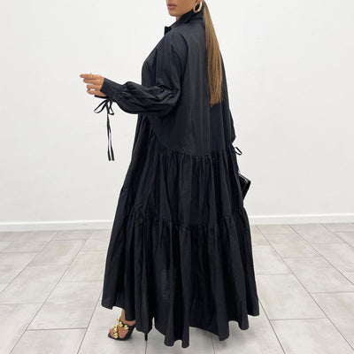 Solid Turndown Neck Long Sleeve Loose Dress Without Belt