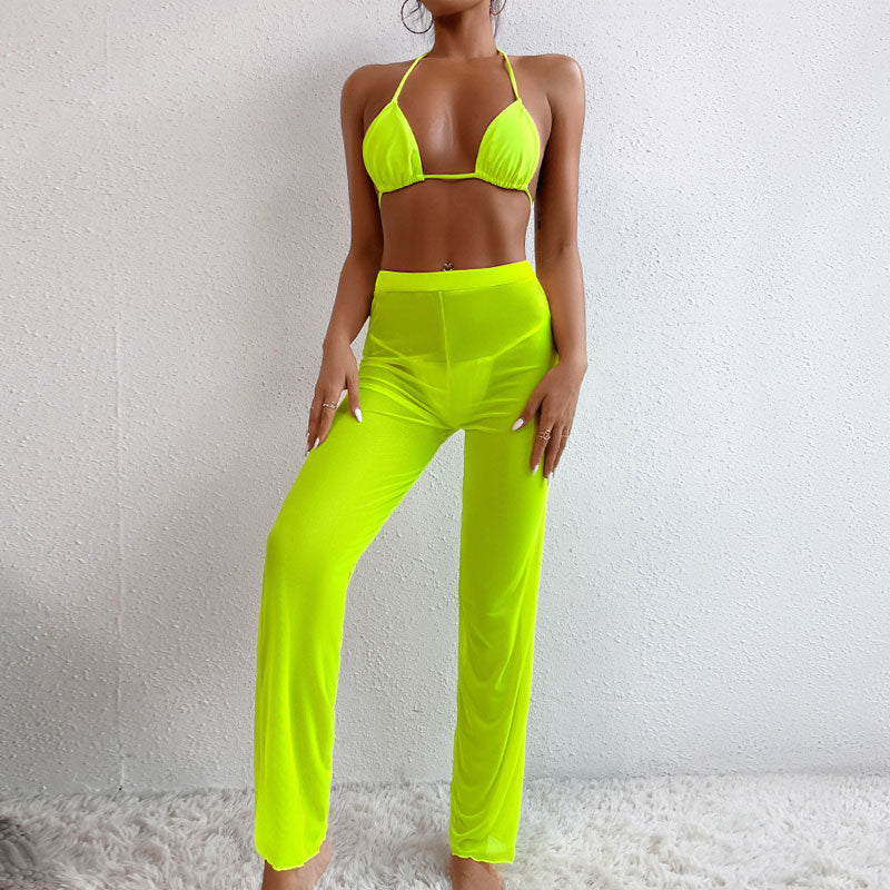 Solid Halter Sheer Mesh 3PCS Swimsuit Set