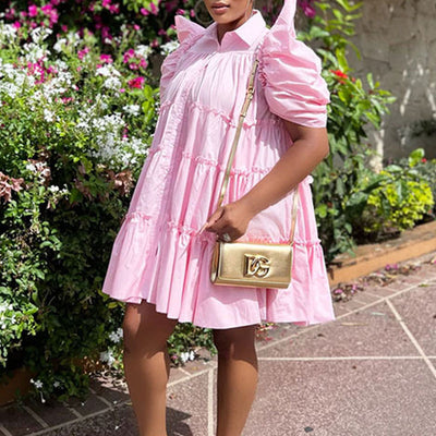 Solid Puff Sleeve Pleated Loose Shirt Dress