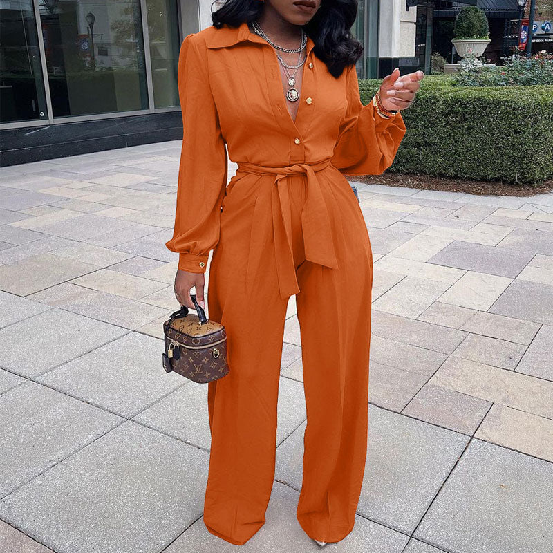 Solid Long Sleeve Button Detailed Belted Jumpsuit