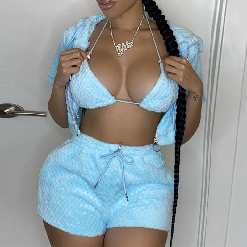 Solid Short Sleeve Fluffy Three Piece Set