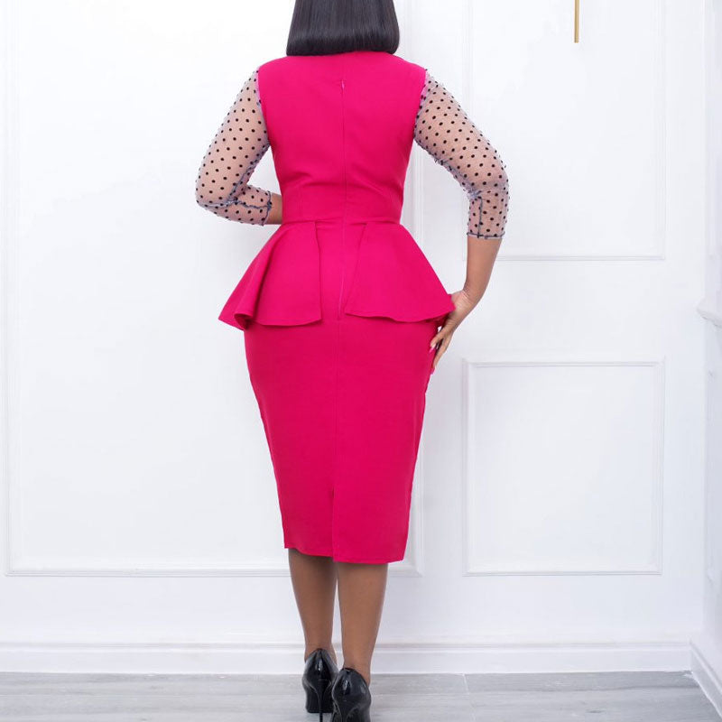 Polka Dot Print Sheer Mesh Patchwork Ruffle Design Midi Dress