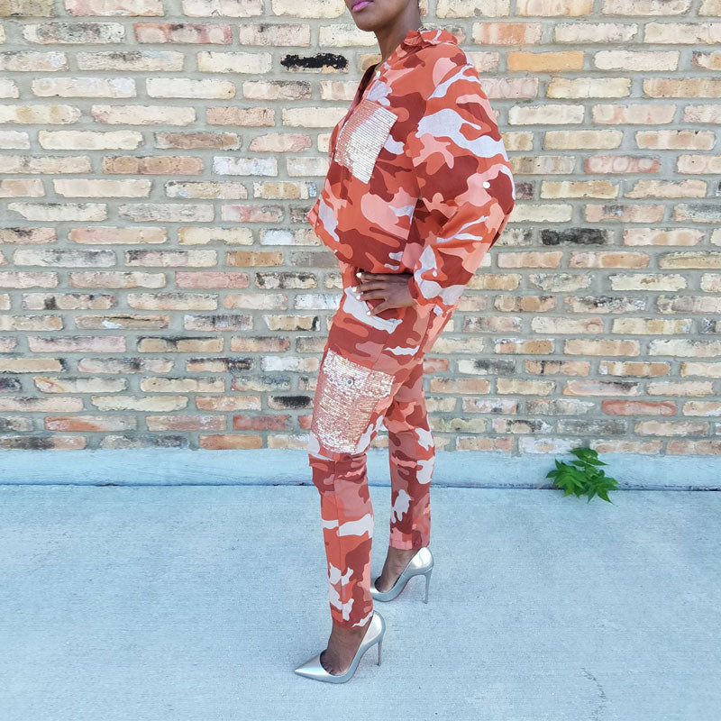 Camouflage Pattern Sequins Pocket Top & Pants Set