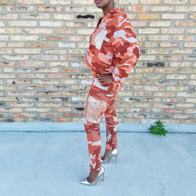 Camouflage Pattern Sequins Pocket Top & Pants Set