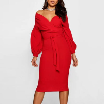 Solid Off Shoulder Lantern Sleeve Bodycon Dress
